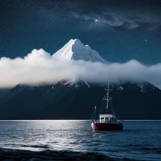 Fishing Boat at Night with Mountain Silhouettes
