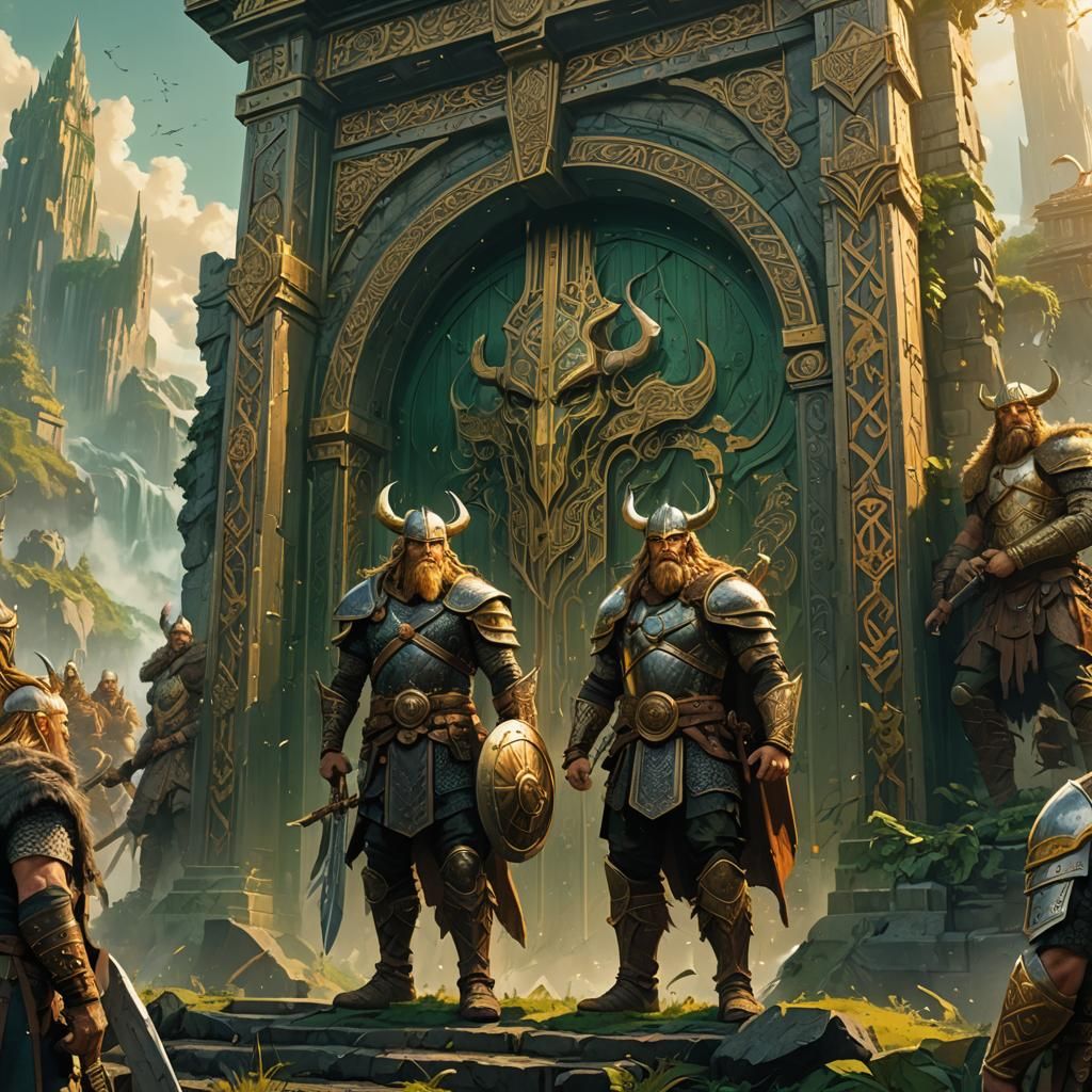 Viking Warriors at Valhalla Gates in Golden Armor