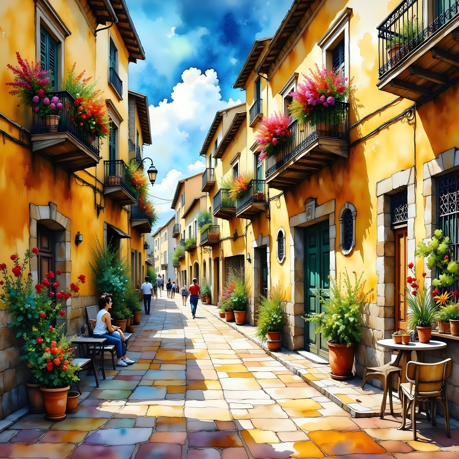 Surreal Watercolor Portrait of Palermo Neighborhood in Summe...