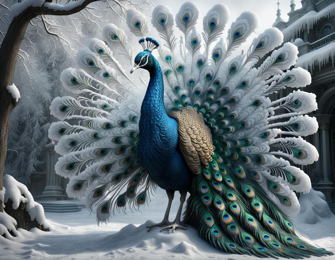 Intricate Ice Peacock Sculpture: Digital Matte Painting