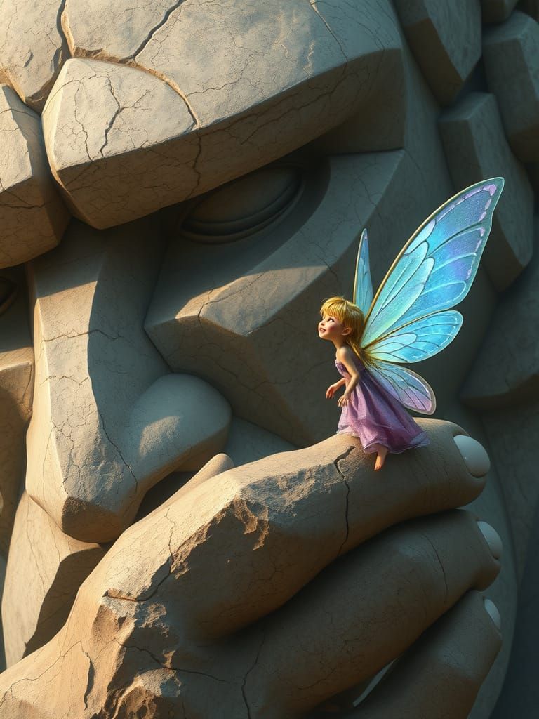Stone Golem and Fairy in Surreal Fantasy Art Style