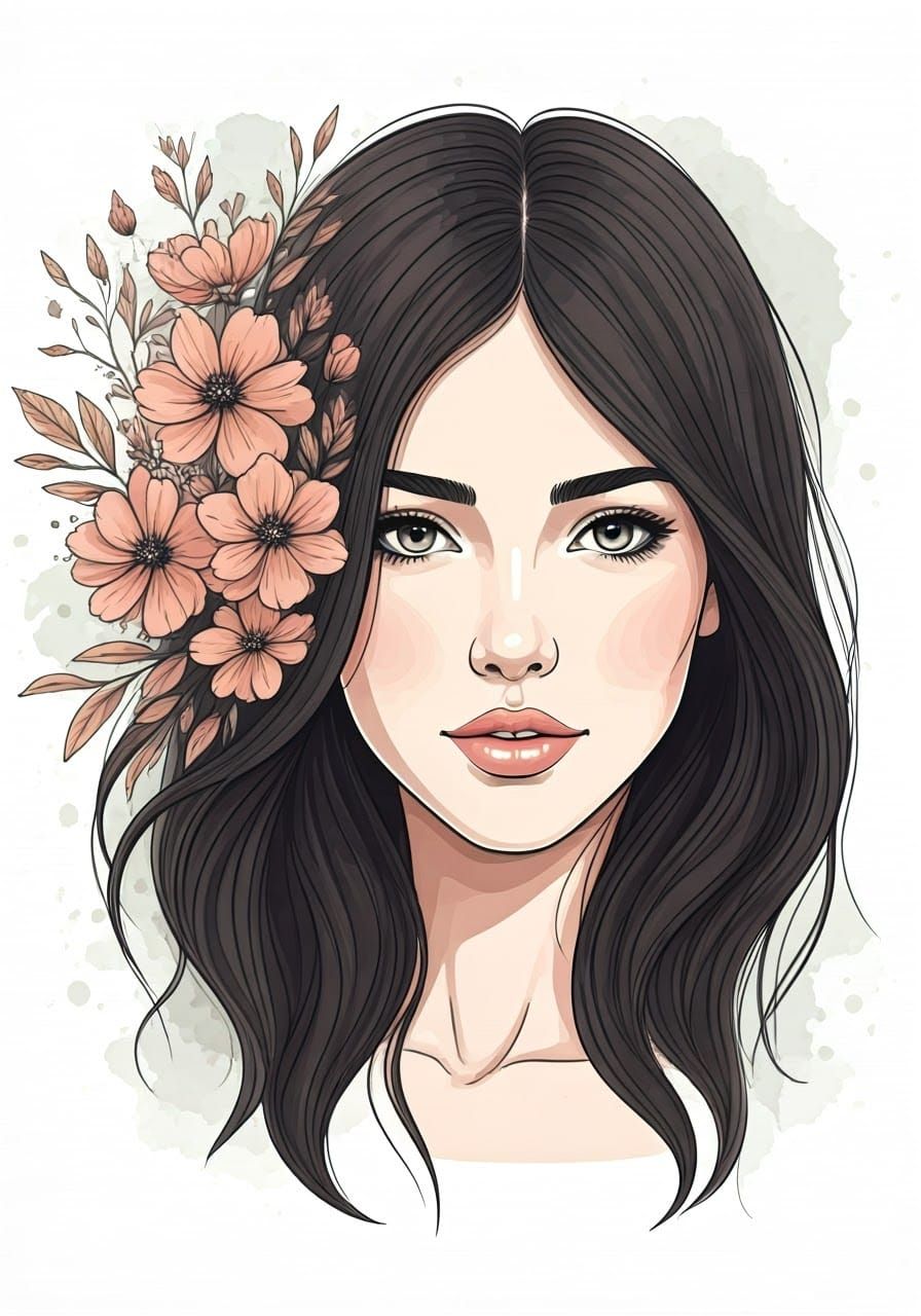 Serene Woman in Whimsical Wildflower Dance, Minimalist Japan...