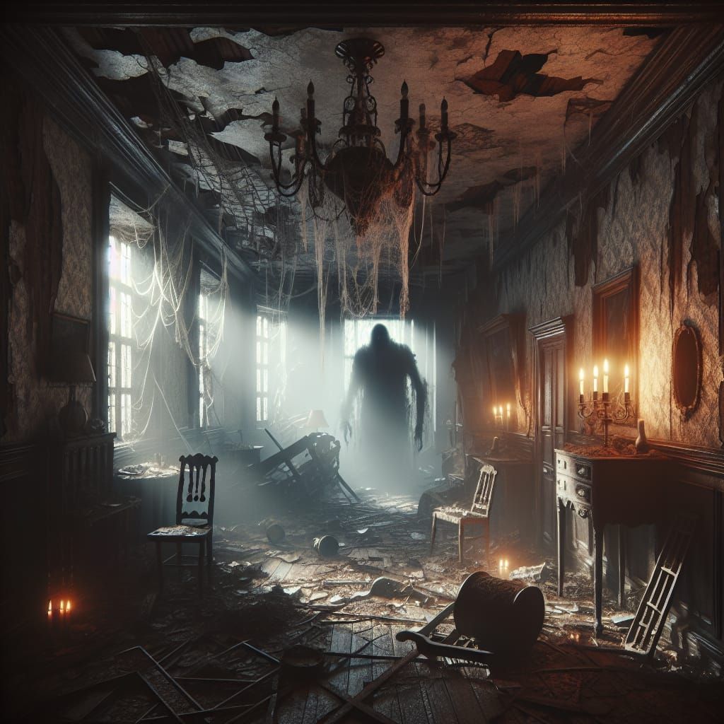 Horror Scene: Specter in a Decaying Mansion