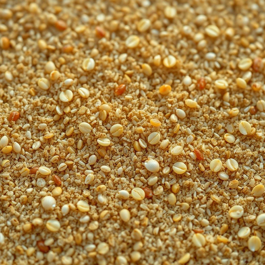 Microscopic Sandscape: Golden Grains and Iridescent Shells