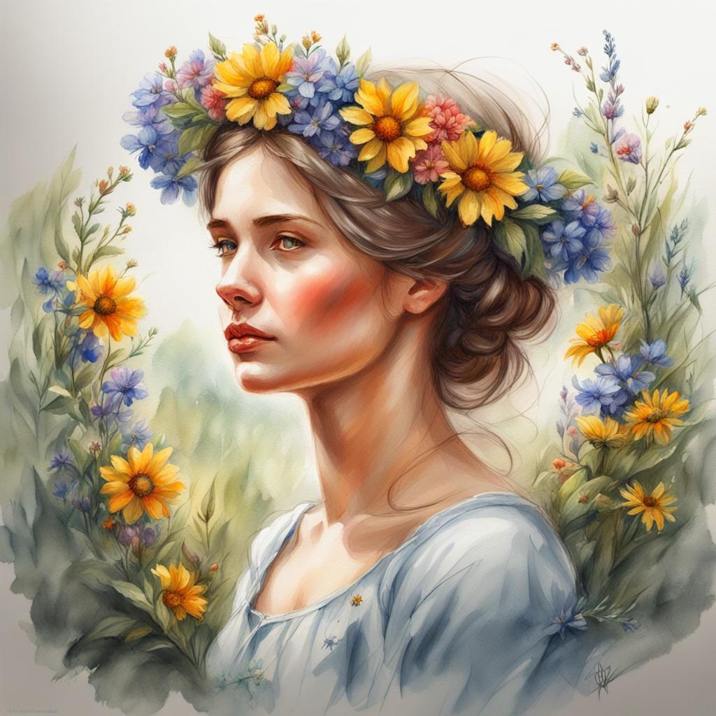 Woman with Wildflowers: Digital Watercolor Art
