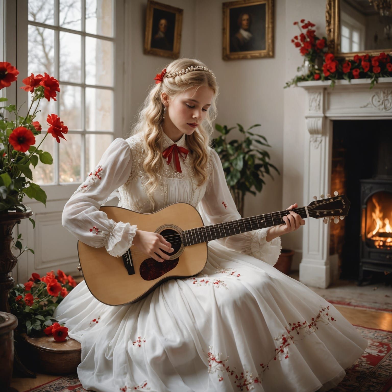 Girl with Guitar in Atmospheric Twilight Setting