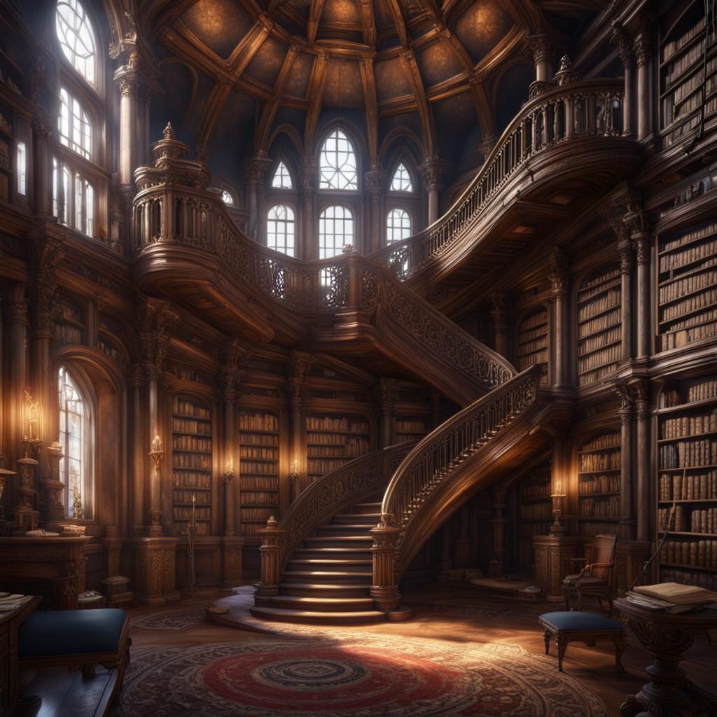 Fantastical Library with Central Spiral Staircase
