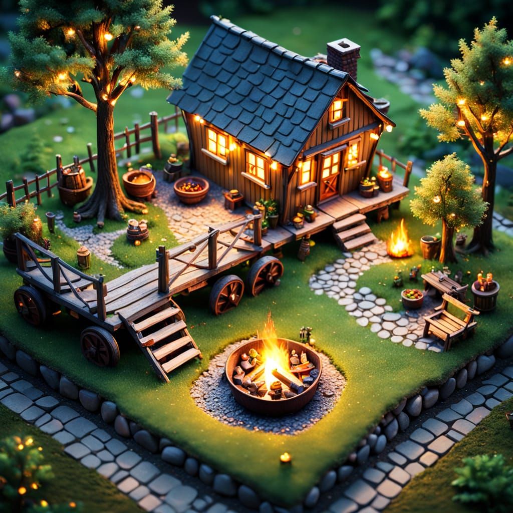 Isometric Miniature Landscape with Goblins and Fairy Lights