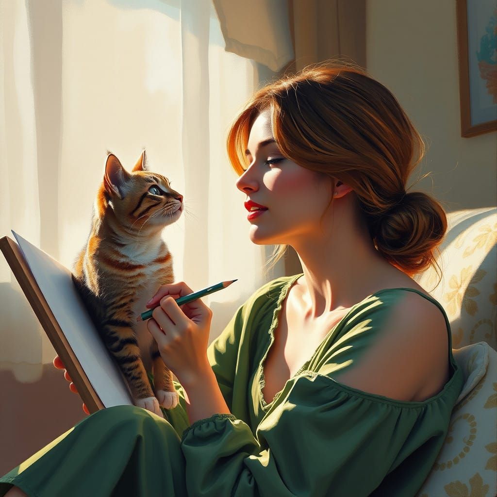 Woman Drawing a Cat in Soft Green Attire