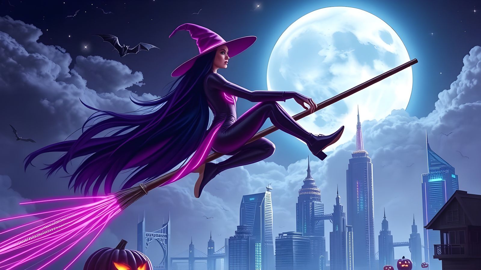 Futuristic Halloween Witch Over Cyberpunk Cityscape