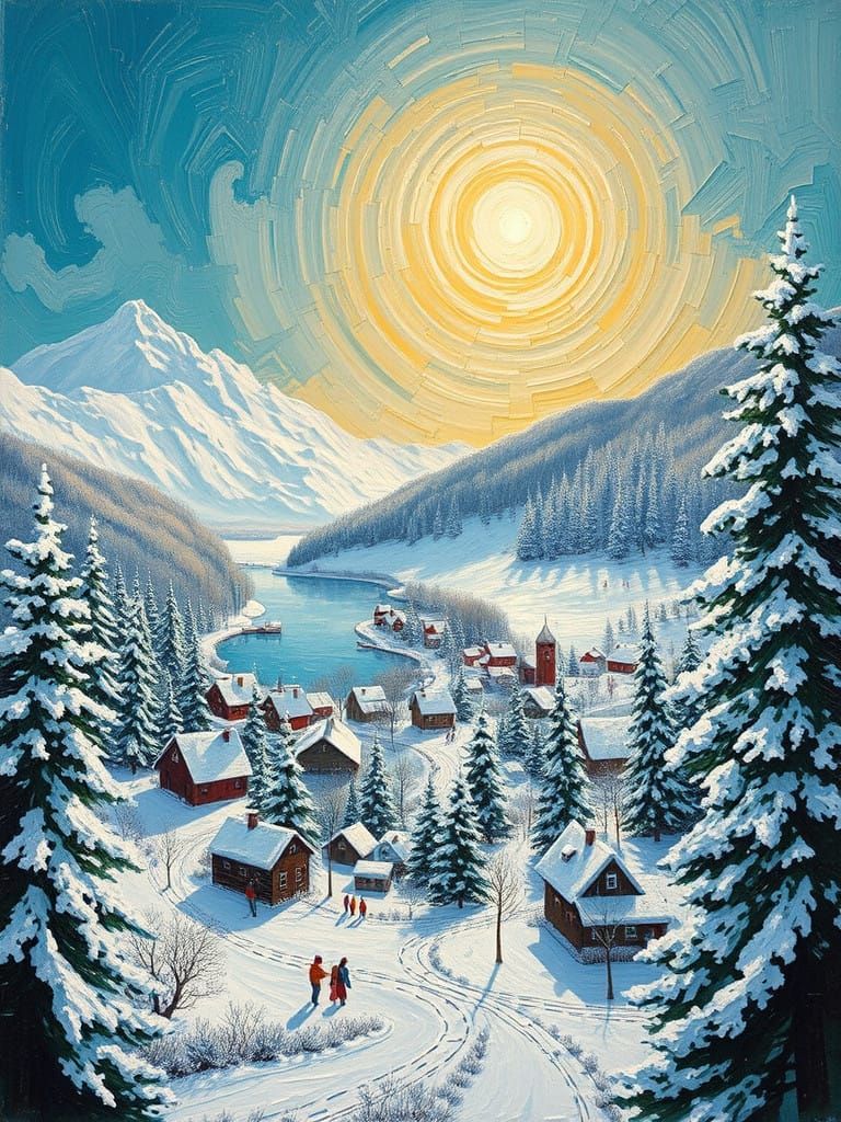 Winter Village Scene in Neo-Impressionist Style