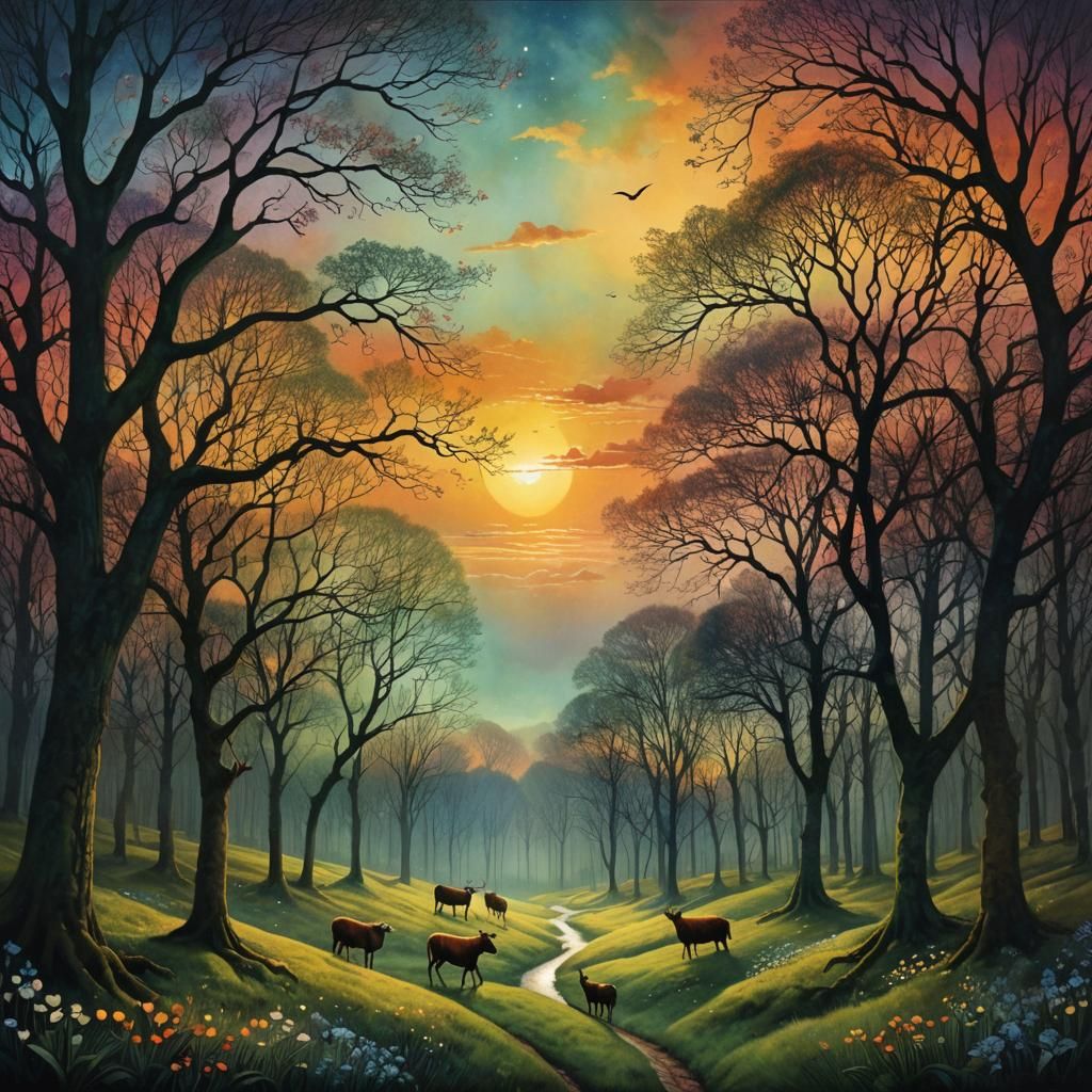 Surreal Spring Sunset in Woods, Ethereal Sky