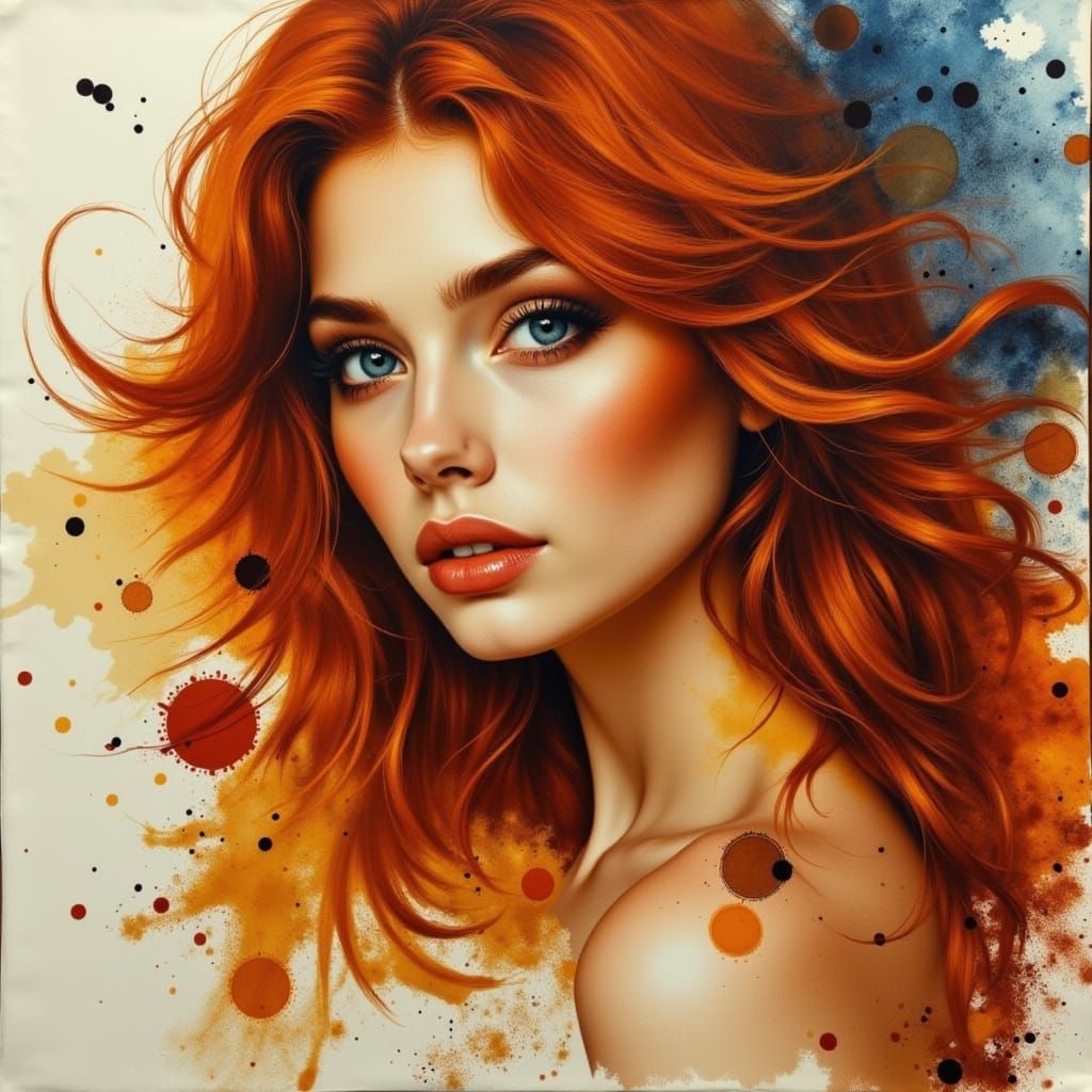 Exotic Redhead Portrait with Coffee Stain Texture