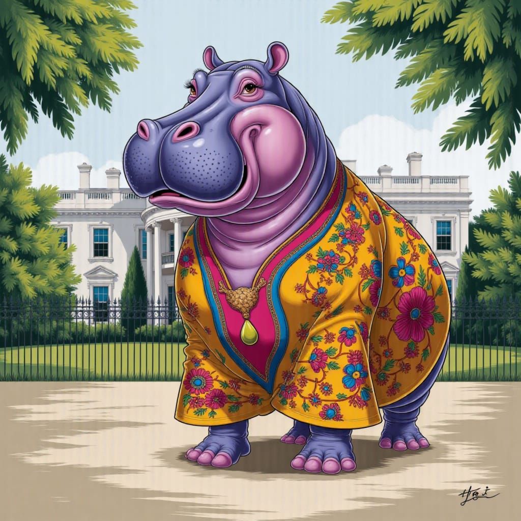 Hippo in Kaftan at White House, Gouache Painting