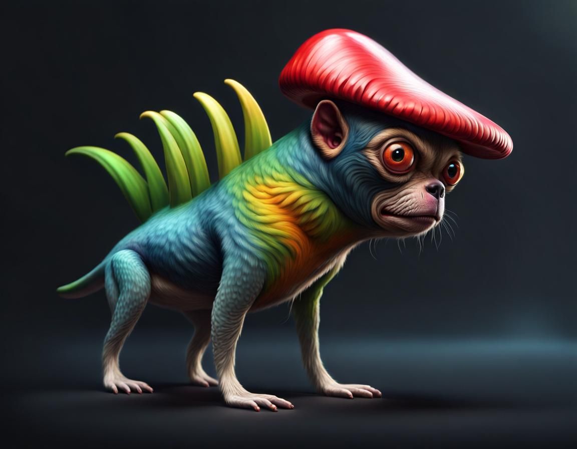 a funky creature made of a monkey chihuahua parrot shark mushroom, concept art, creature design, UHD, ultra detailed, ci...