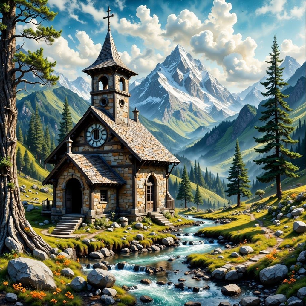 Hut and Church with Clocktower in Hypermaximalist Style