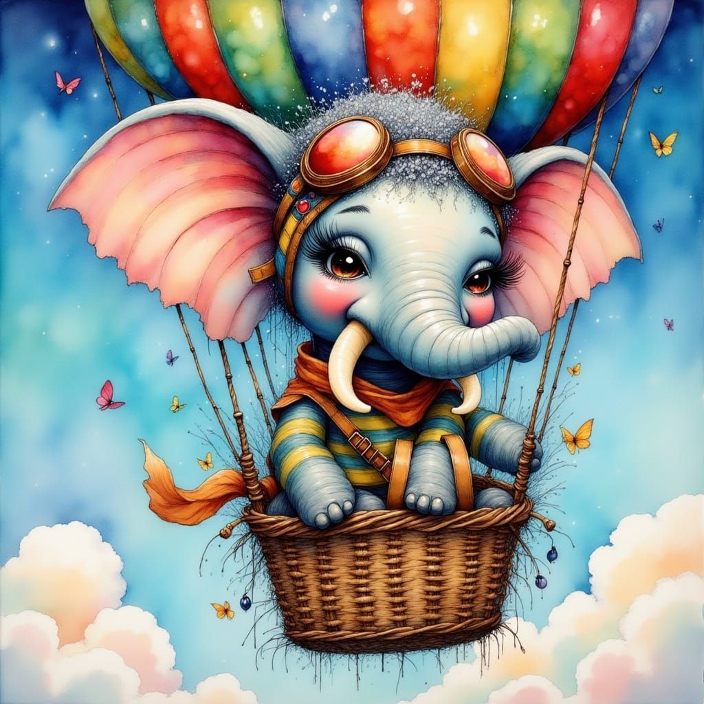 Elephant in Whimsical Hot Air Balloon Ride