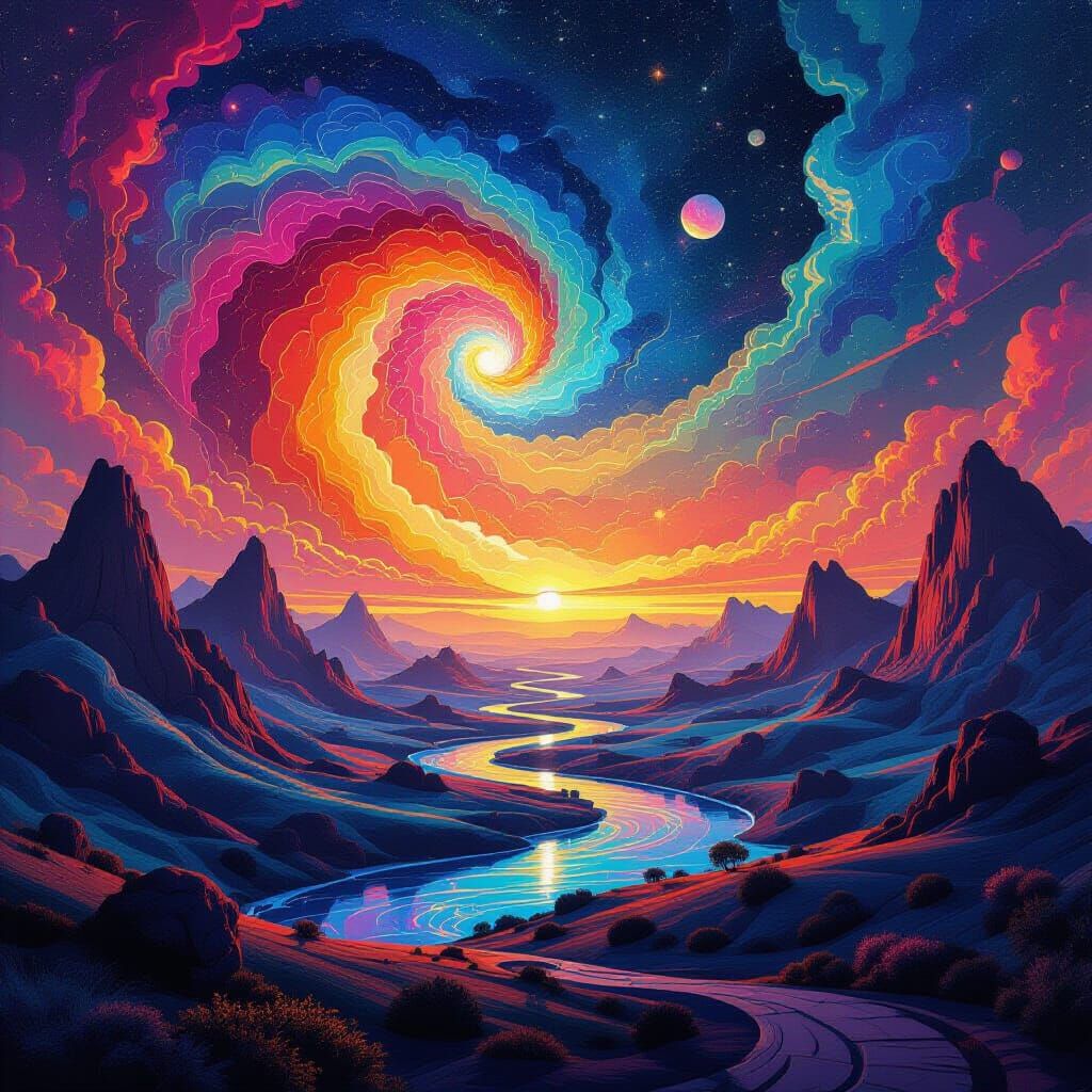 Vibrant Cosmic Landscape with Tessellated Patterns