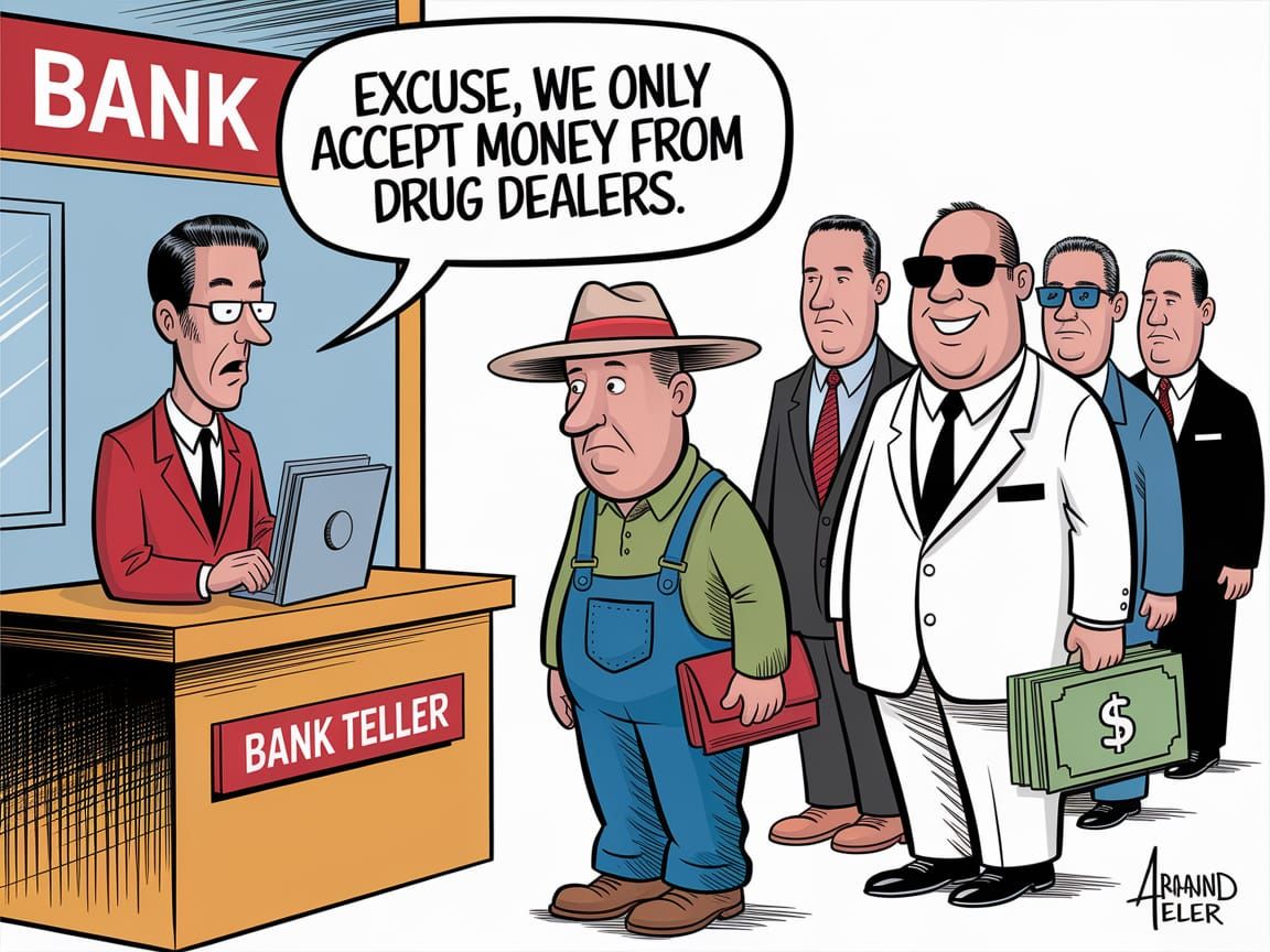 Humorous Cartoon: Bank Teller and Drug Dealer