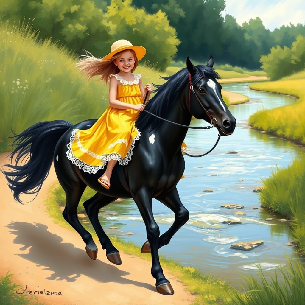 Majestic Girl Rides Horse Along Serene Water Stream in Impre...