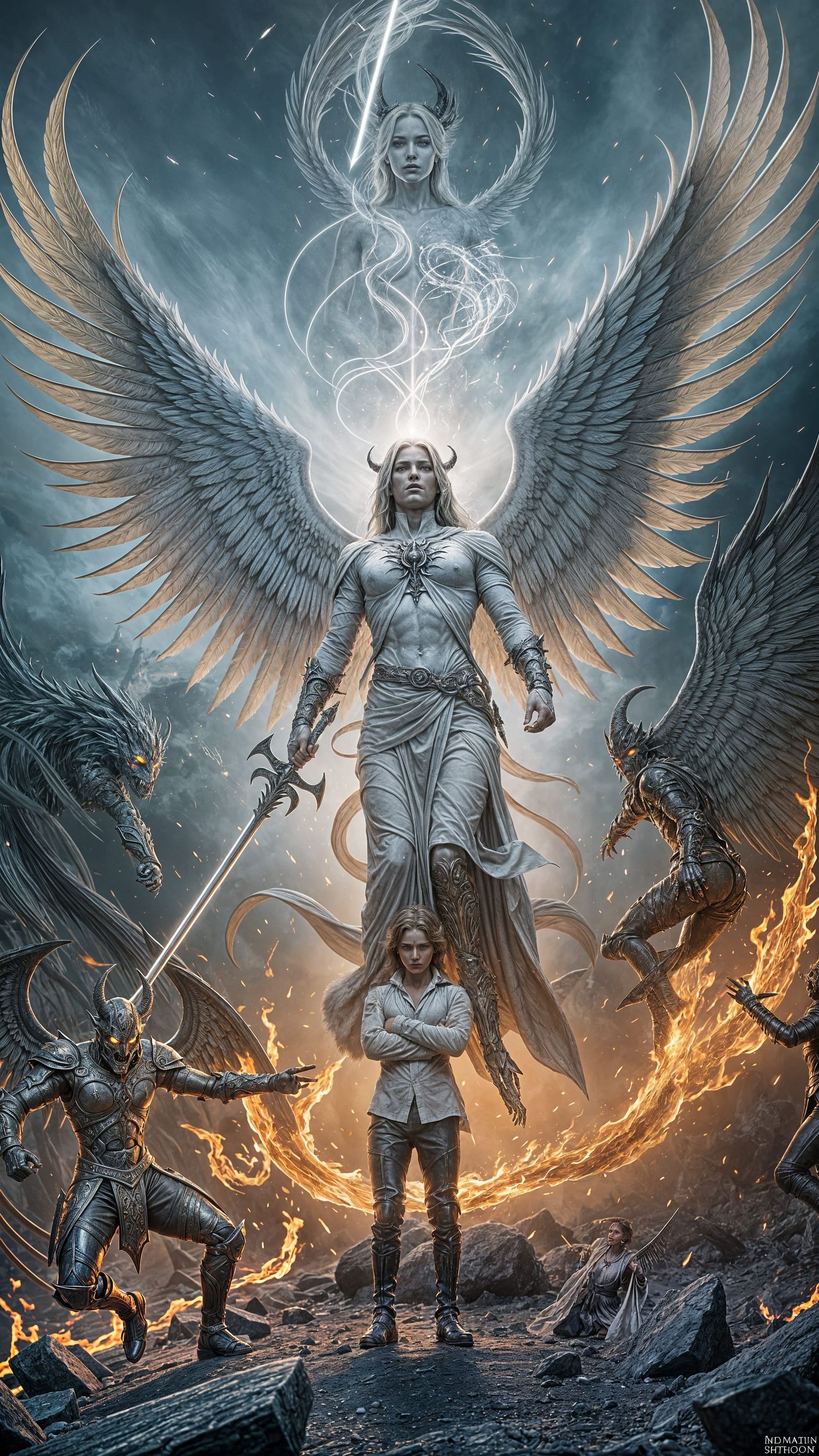 Surreal 3D Scene of Inner Conflict Between Angel and Demon