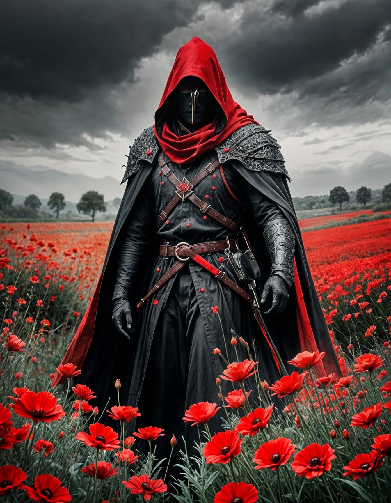 Solemn Crusader in Field of Poppies