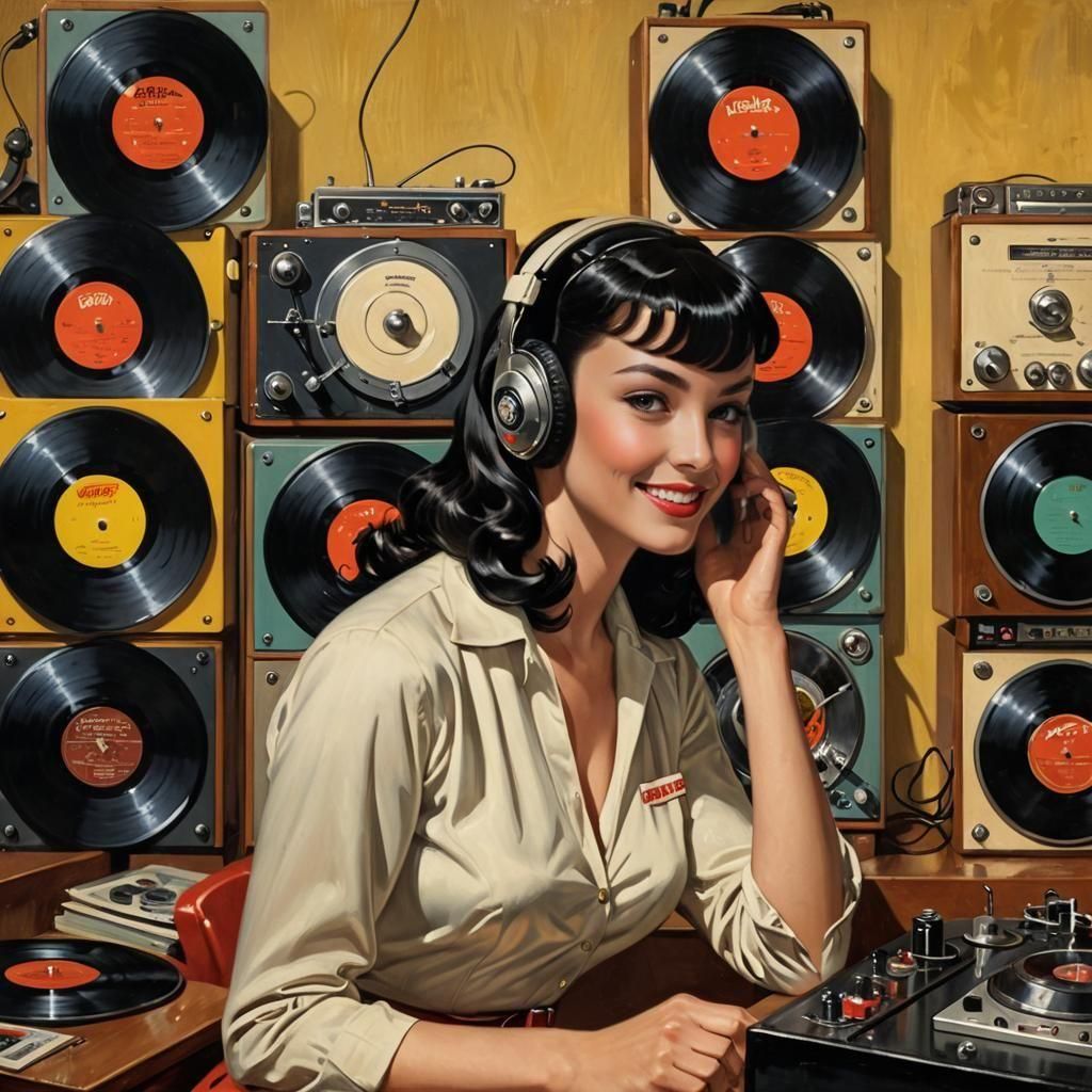 Betty Page Listens to Music in Retro-Futuristic Style