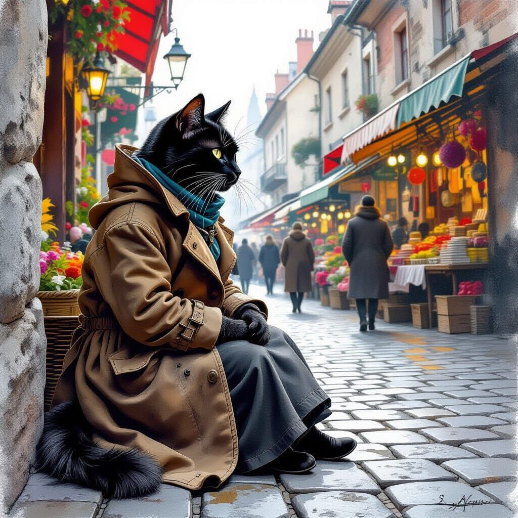 Regal Black Cat Observes Bustling Market in Watercolor