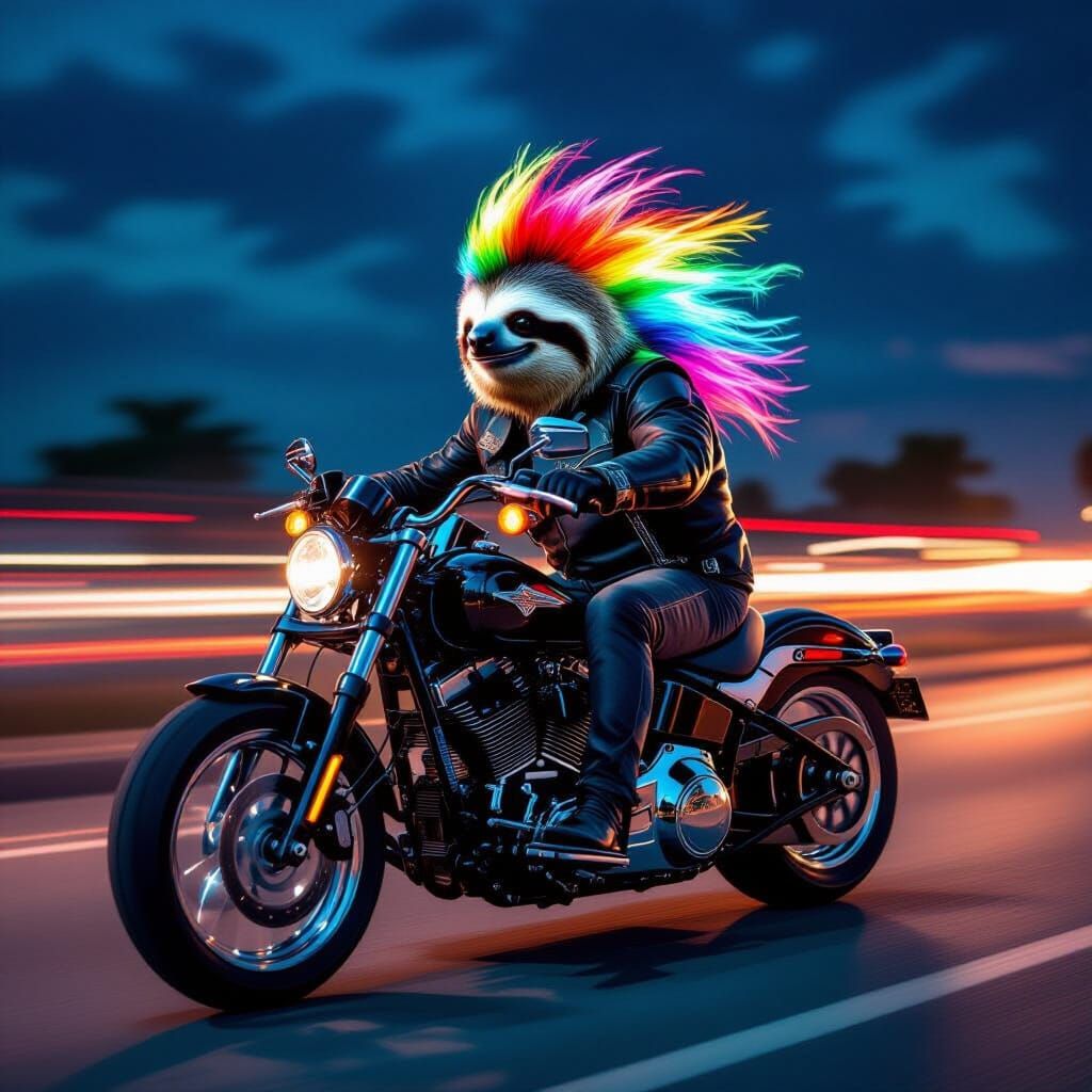 Sloth Rides Harley Davidson at Night in Professional Photo