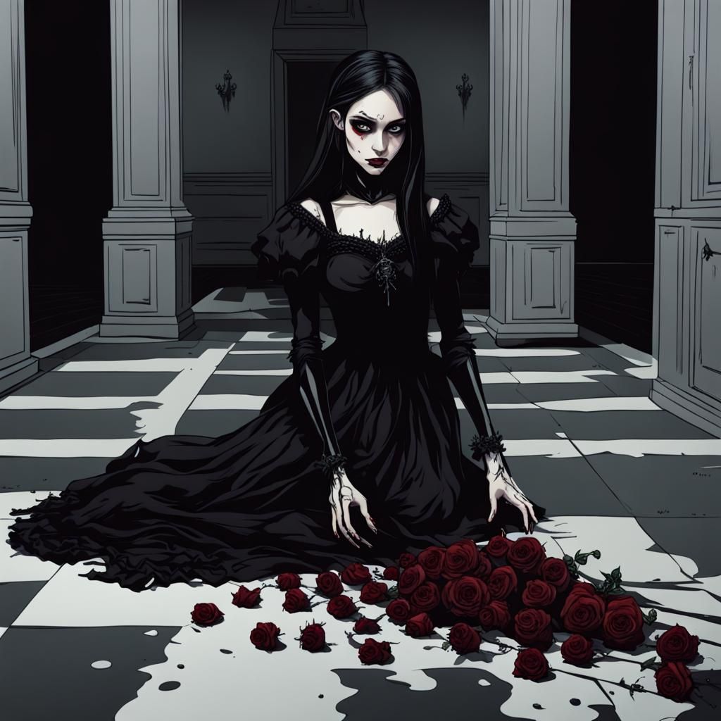 Gothic Dark Princess with Dead Roses