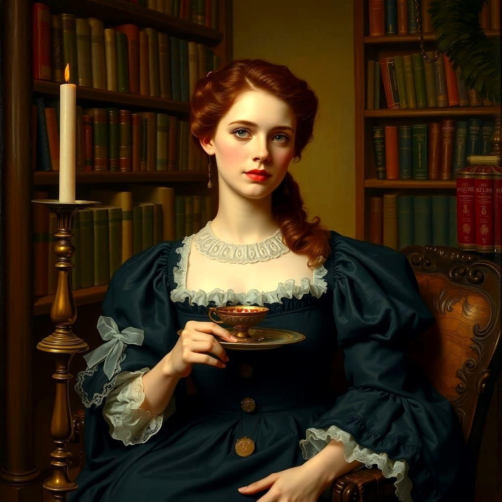 Miss Scarlett in a Cozy Library, in the Style of Noir Art