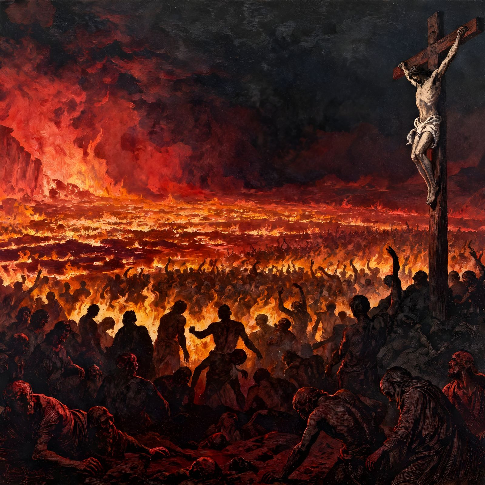 Tormented Souls in a Fiery Hellscape, Engraving Style