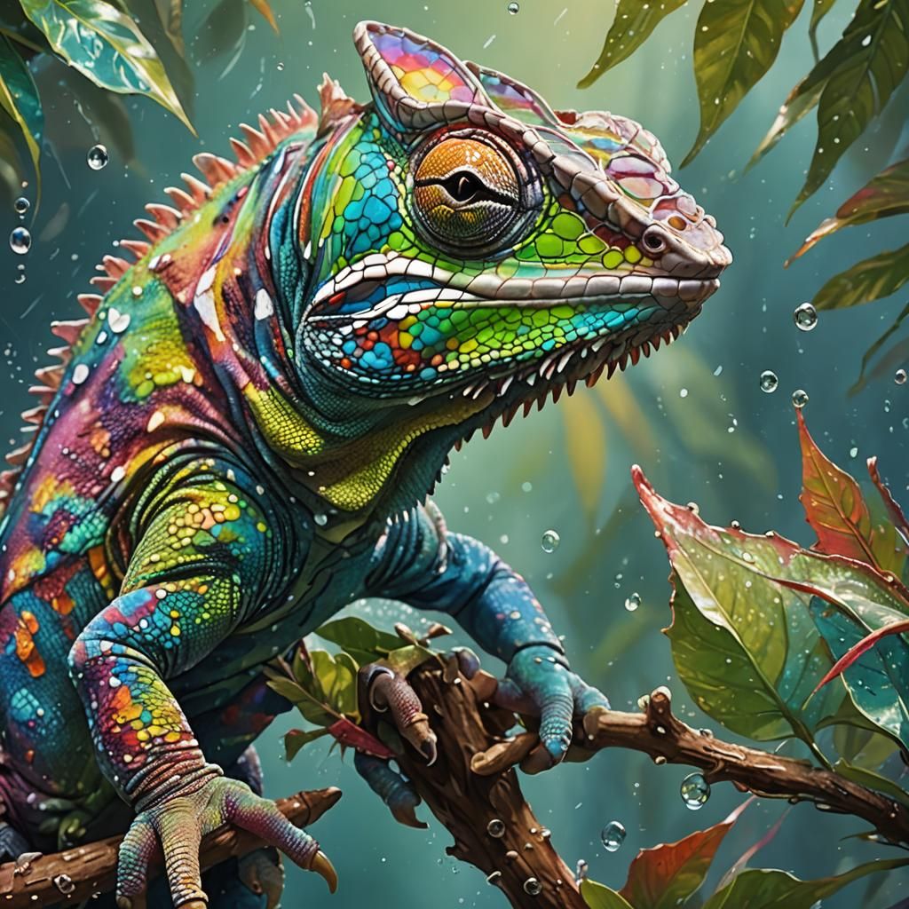 Colorful Chameleon Splash Art with Realistic Water