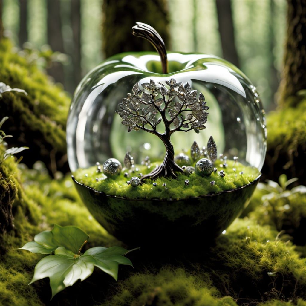 Crystal Apple in Dark Forest with Miniature Orchard