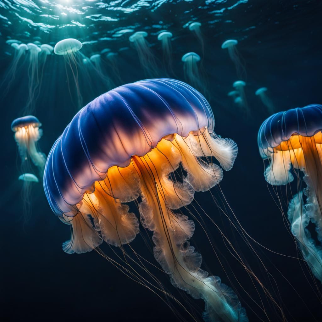 Luminous Jellyfish Underwater: Hyperrealistic Ocean Scene