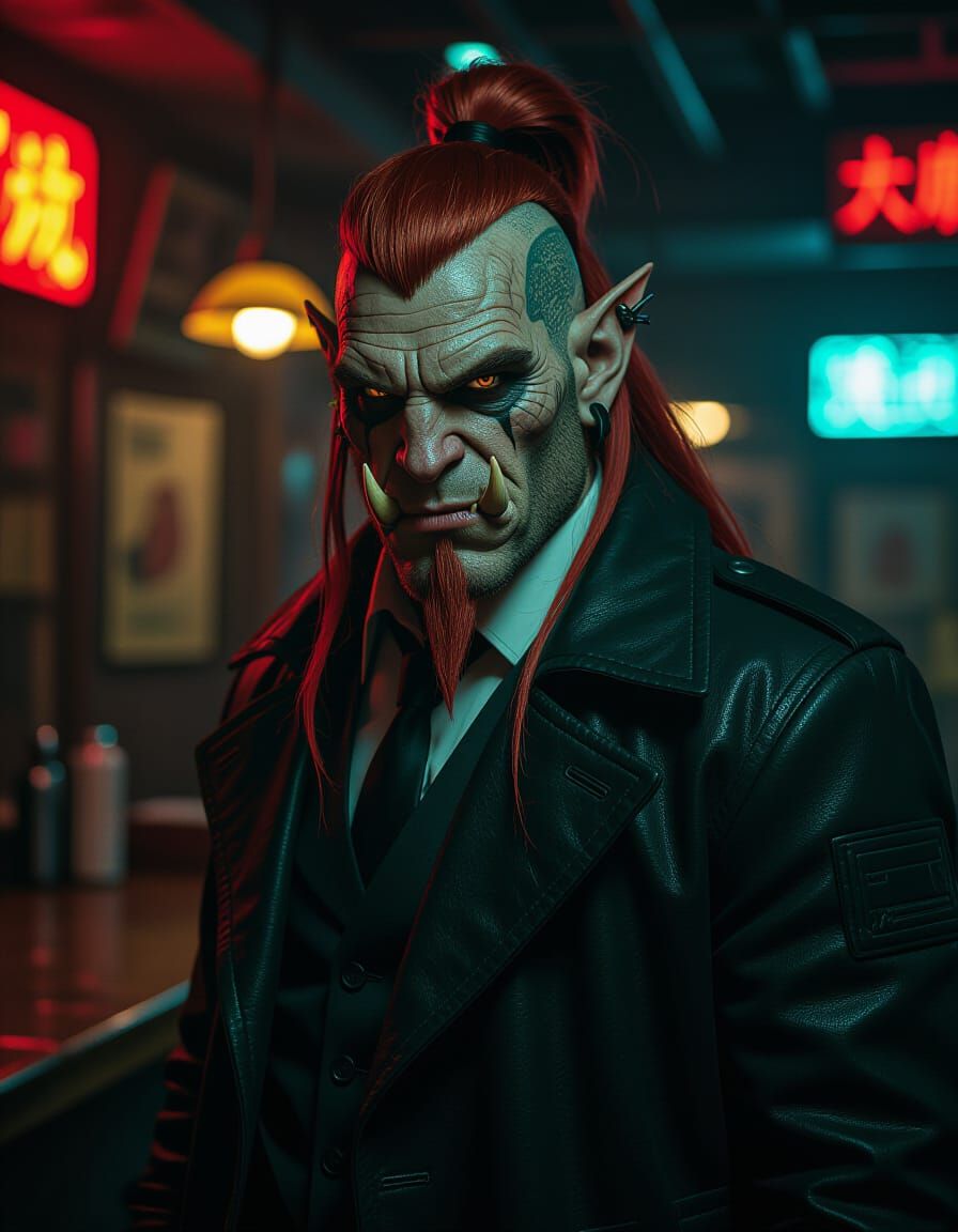 Orc-Runner in Cyberpunk Bar with Red Hair