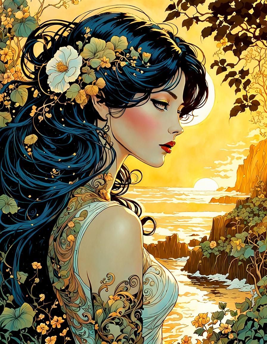 Sensuous Woman in Ink Punk Seaside Garden