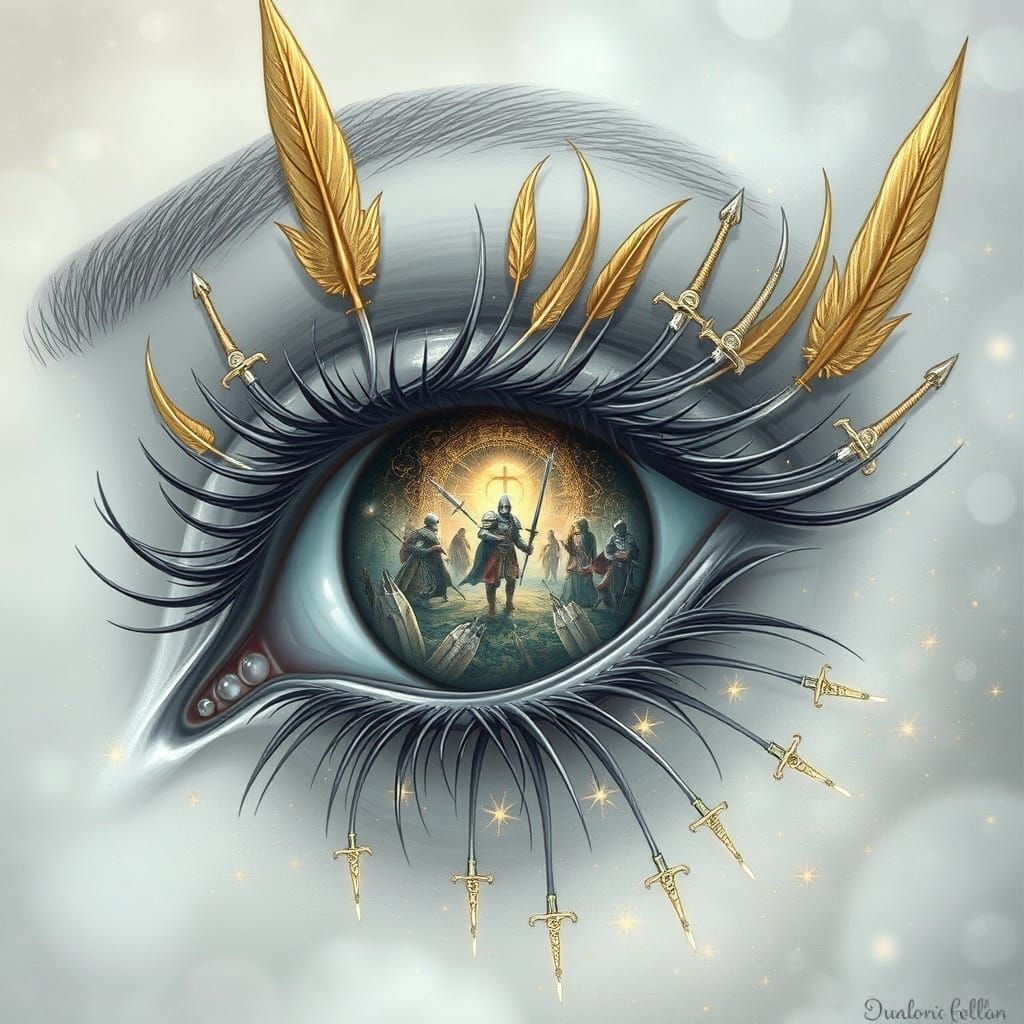 Dreamlike Eye with Feather Swords in Art Nouveau Style