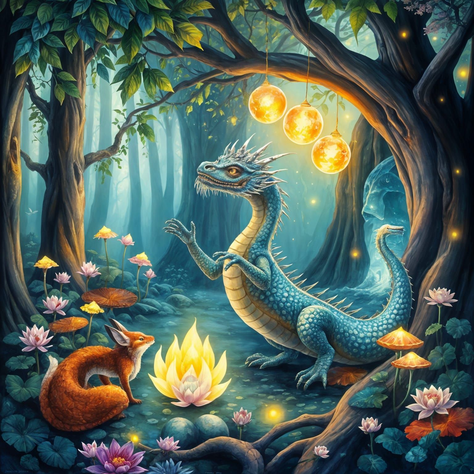 Dragon's Whimsical Encounter: Oil and Watercolor Fantasy