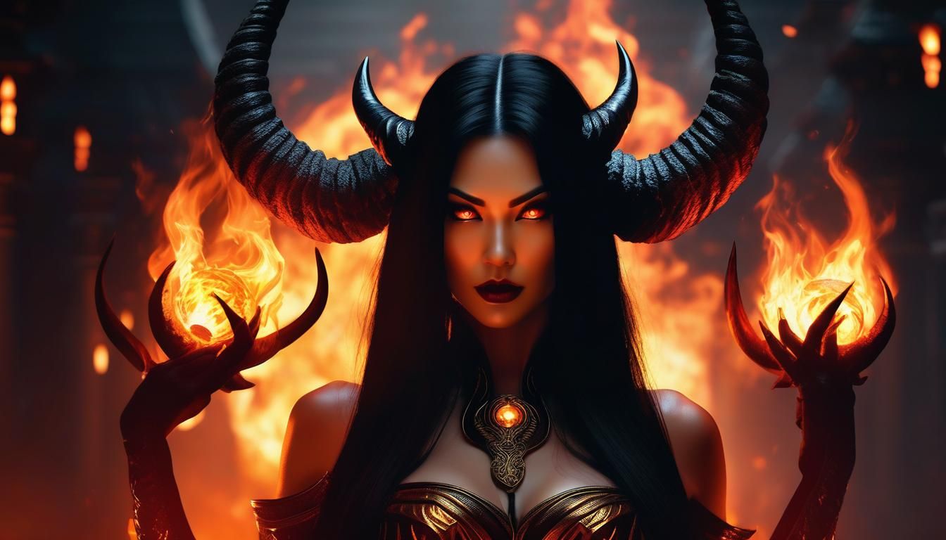 Female Demon Emerges from Hellfire: Dark Fantasy Art