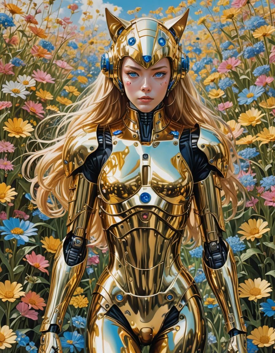 Golden Cyborg Cat in a Flower Field