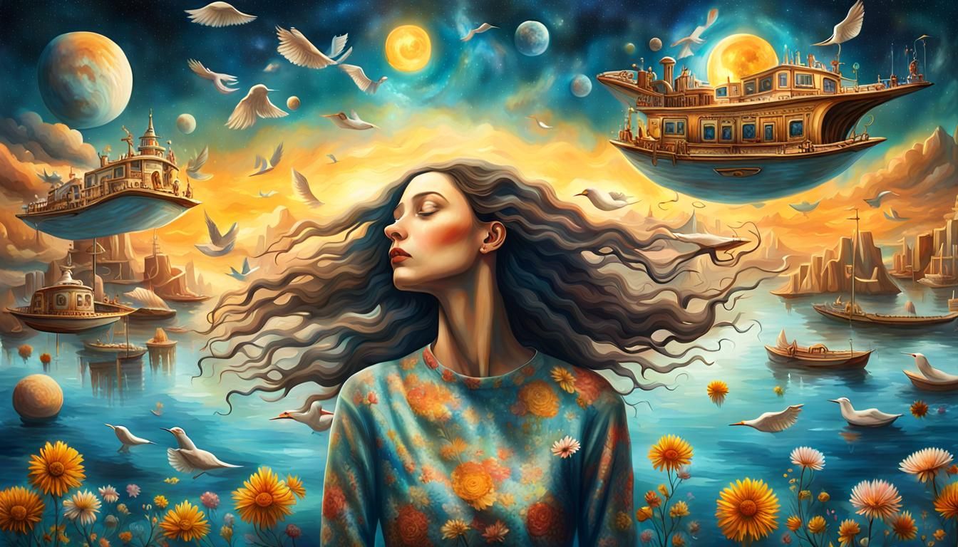 Woman Holding Cosmos: Surreal Watercolor Universe