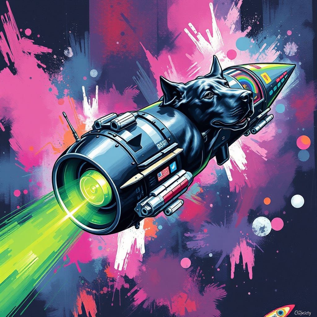 Cyberpunk Space Ship, a Shiny Black Dog Great Dane in Flight