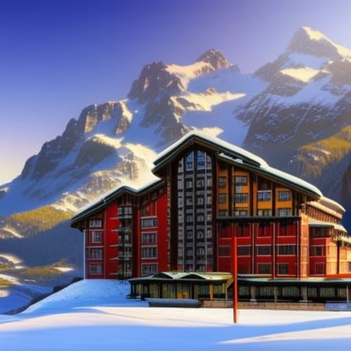Winter Mountain Hotel: Hyperrealistic Splash Art