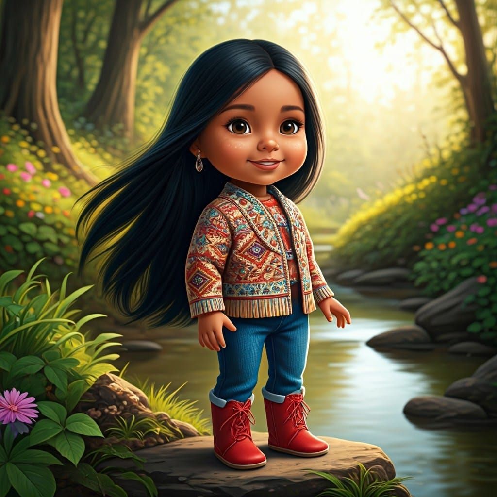 Playful Native American Doll in Dreamlike Illustration