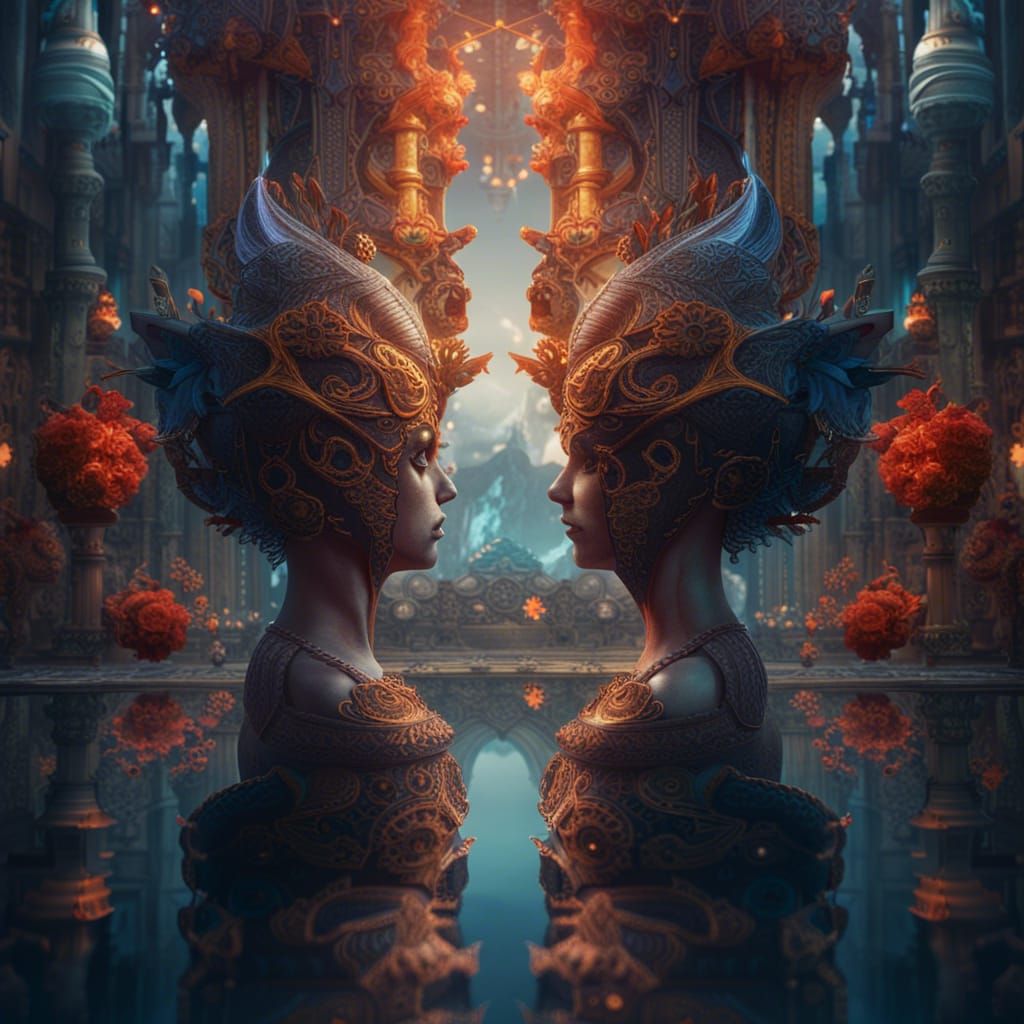 Surreal Mirror Image Reflects Self, Detailed Matte Painting