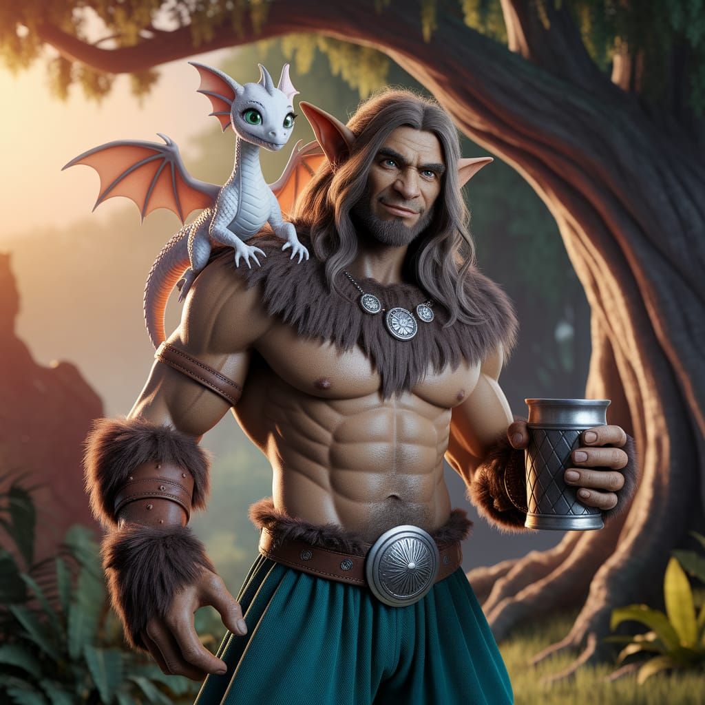 Goblin Man and White Dragon in Whimsical Forest Scene