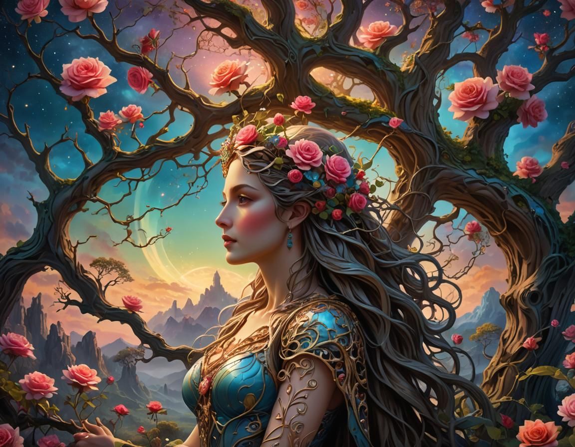 Goddess in Fantasy Landscape with Art Nouveau Elements