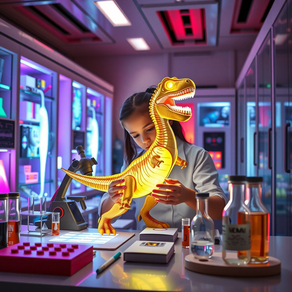 Girl Creates Glowing Dinosaur in Futuristic Lab