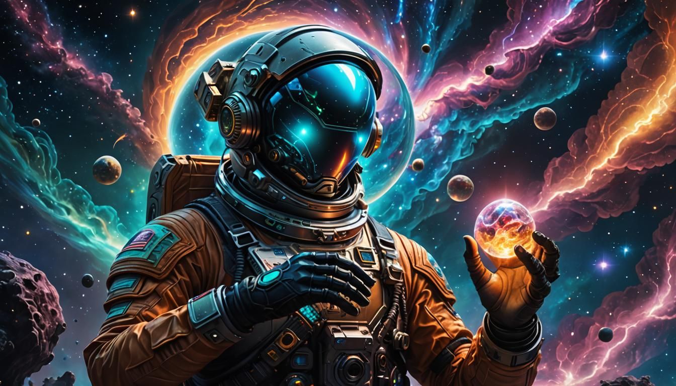 Alien Astronaut holding a bioluminiscent Lightning crystal in his hand